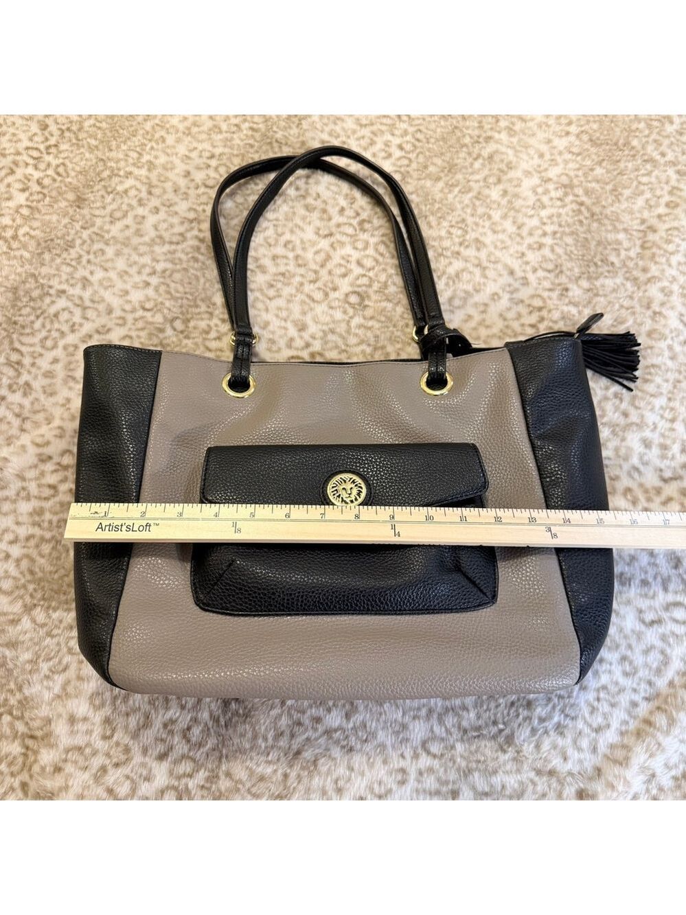 Anne‎ Klein Black Taupe Pebbled Tote Bag Work Purse Large Tassel Officecore - Picture 5 of 6